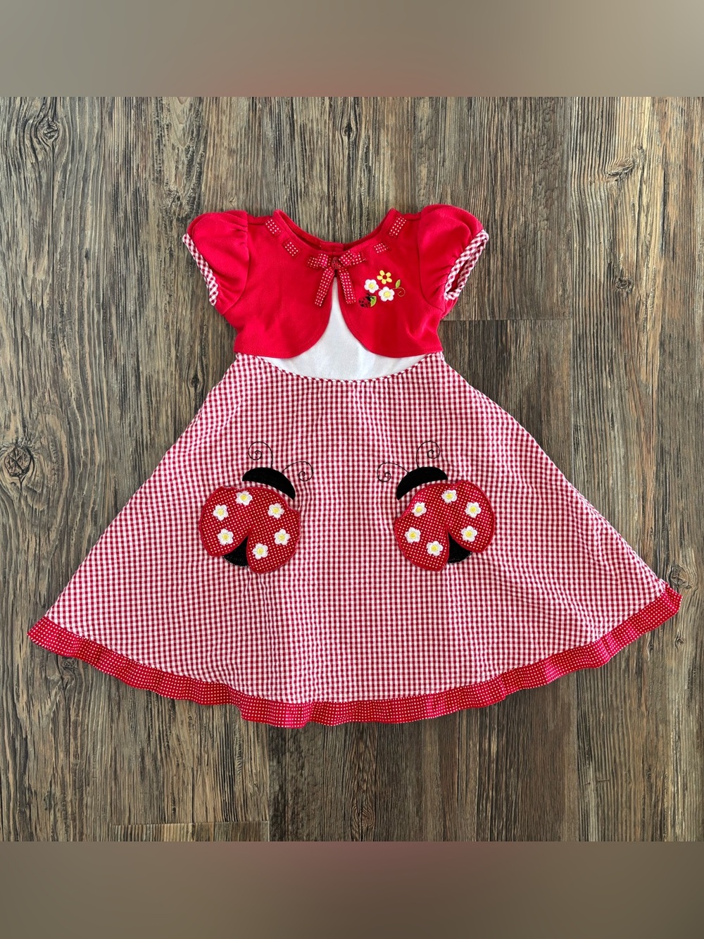 Youngland Gingham Ladybug Daisy Dress Girls 6 Red White Tie Waist Pockets Summer